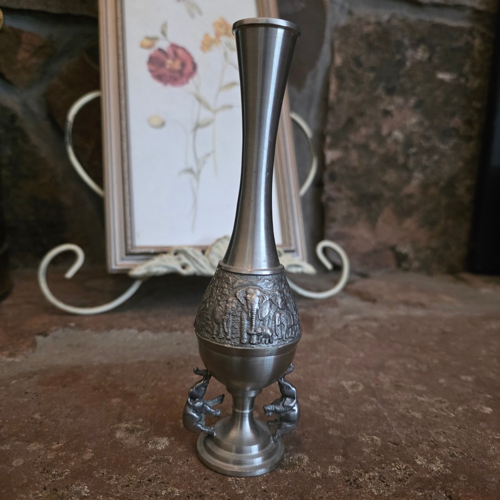 Vintage Pewter Silver Elephant Bud Vase Safari Scene Embossed Metal Decor 7 inch